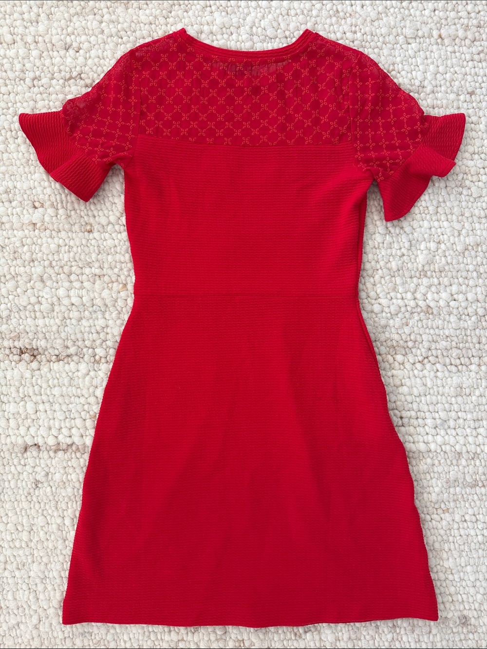 French Connection red short-sleeve mini dress textured sheer yoke ruffled sleeve - Picture 7 of 7